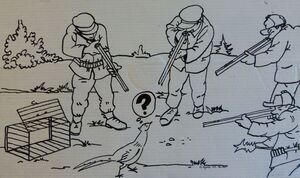 Dessin aux traits représentant un faisan sorti d'une cage cerné par quatre chasseurs prêts à tirer.