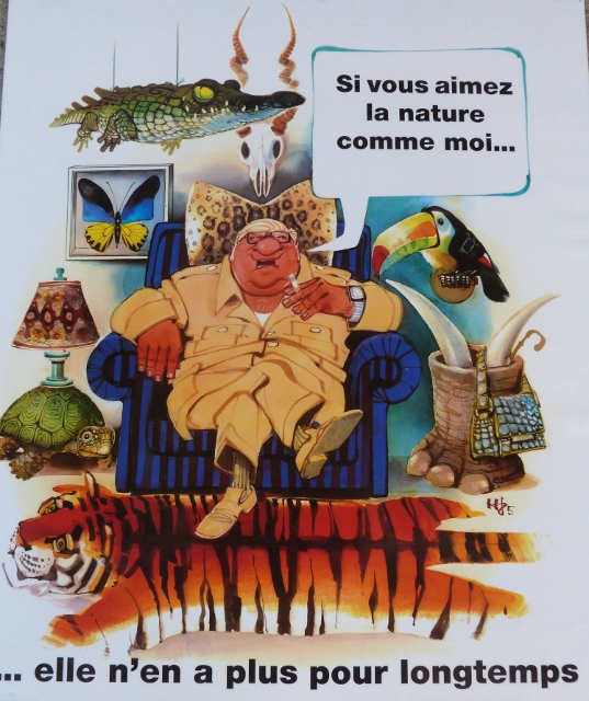 Dessin satirique sur la chasse : un homme est assis dans son fauteuil entouré d'animaux empaillés avec la légende "Si vous aimez la nature autant que moi, elle n'en a plus pour longtemps".