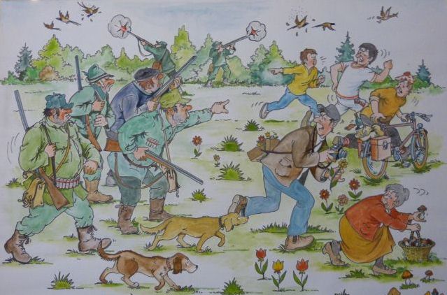 Dessin humoristique illustrant la chasse le week-end : promeneurs, photographes, cyclistes... fuient devant les chasseurs qui tirent à tout va.