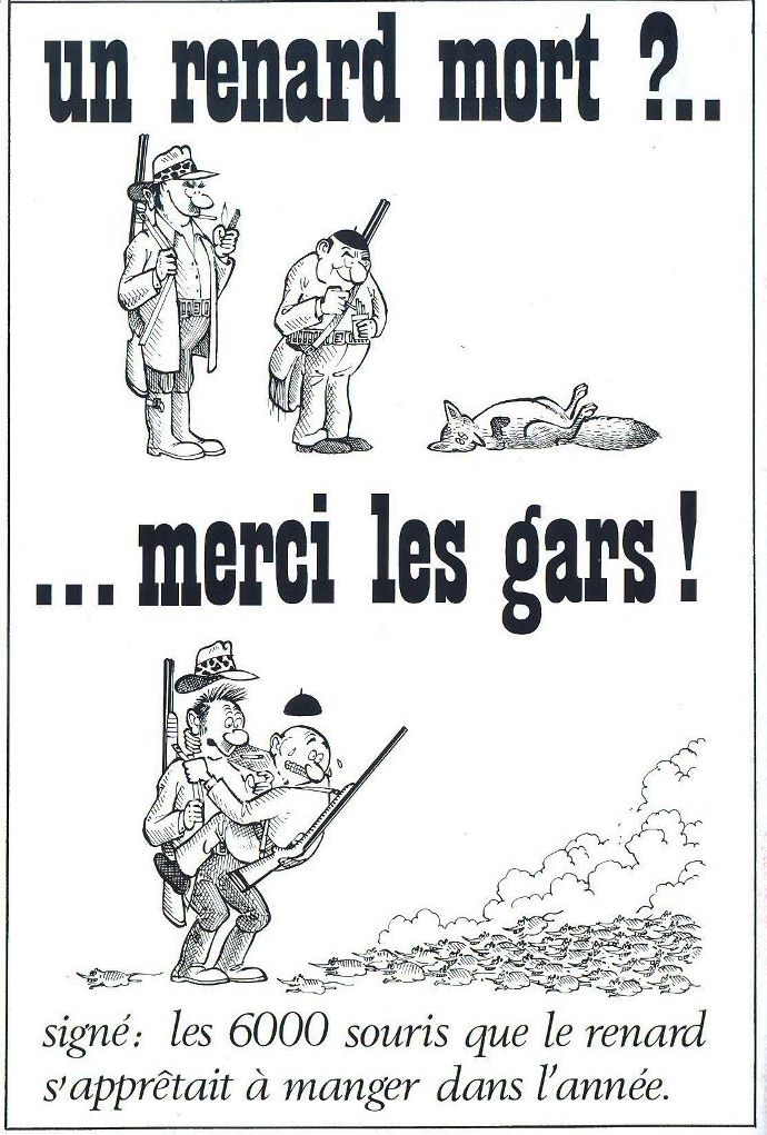 Dessin humoristique de souris qui remercient le chasseur d'avoir tué le renard qui allait les manger durant l'année à venir.