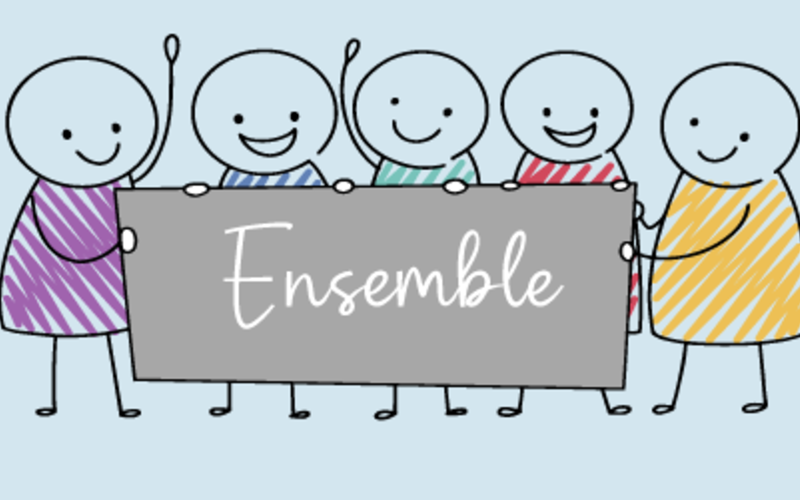 Groupe de personnages dessinés aux traits avec un panneau sur lequel est indiqué "Ensemble".